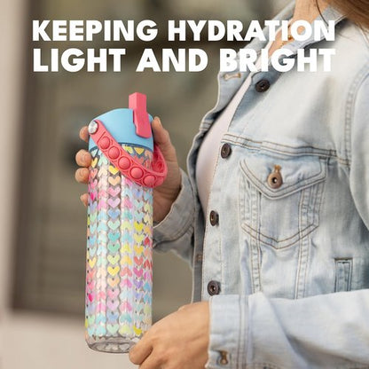 Elemental Splash Water Bottle - BPA-Free Tritan Plastic with Straw & Pop It Strap | 26oz Rainbow Heart - Leak Proof for Travel & Sports