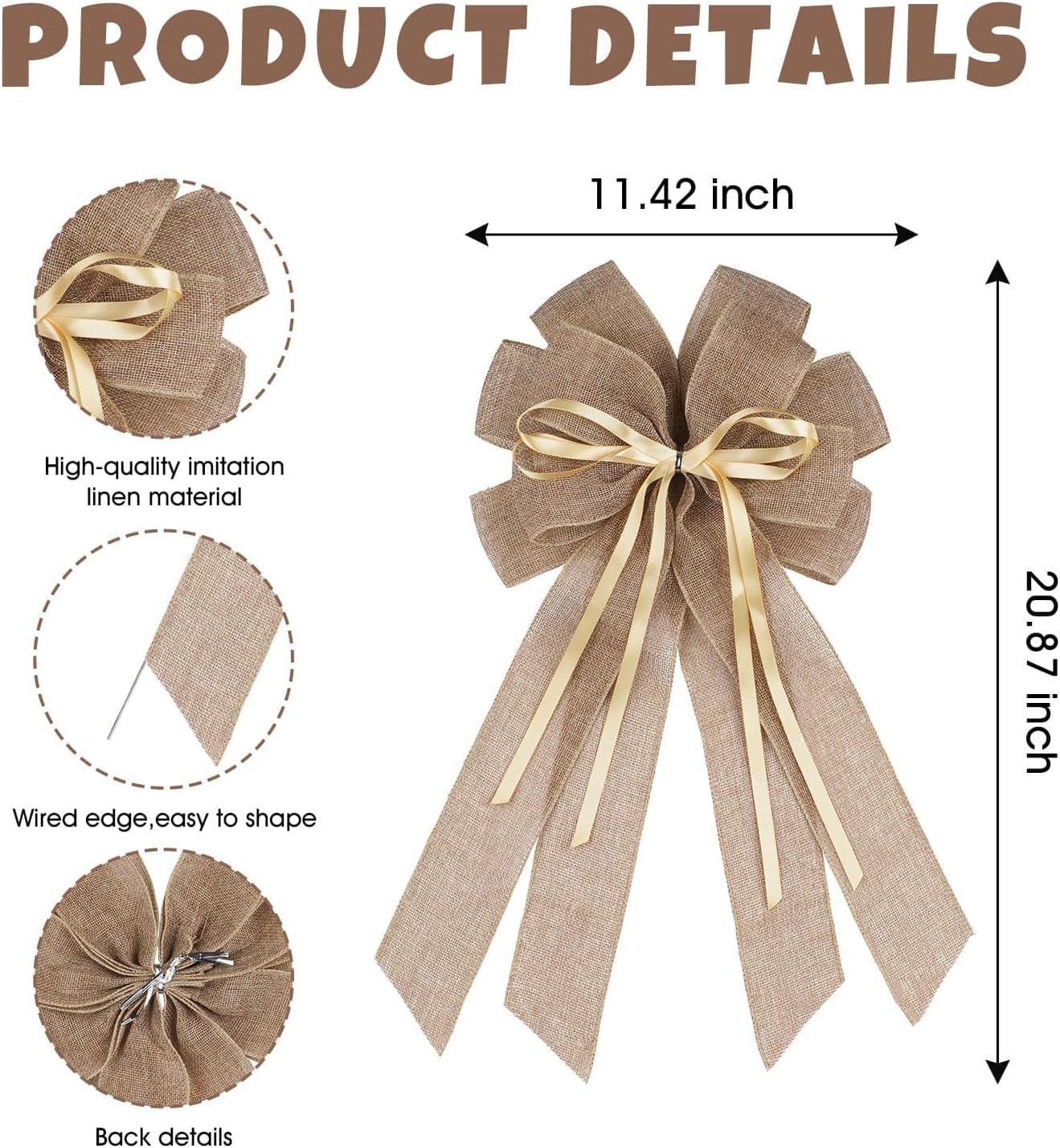 YKW Large Brown Burlap Bow - Rustic 20x11 Inch Wreath Decor for Fall & Wedding Ornaments
