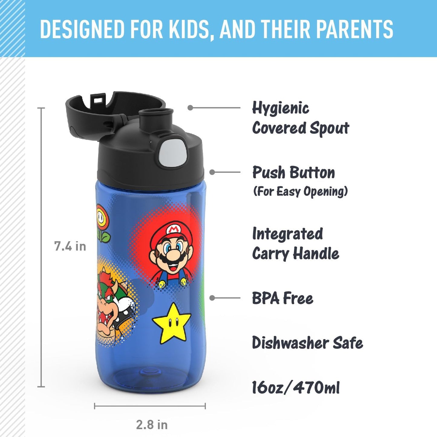 Thermos Funtainer 16 Ounce Hydration Bottle - Mario Design with Easy Spout for Kids