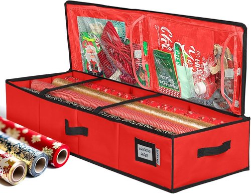 HOLDN' STORAGE Premium Wrapping Paper Storage Container - Durable 600D Tear-Proof Design | Fits 27 Rolls, Extra Pockets for Ribbons & Bows, Underbed Storage - Perfect for Holiday Gift Wrap, Red/Black Trim
