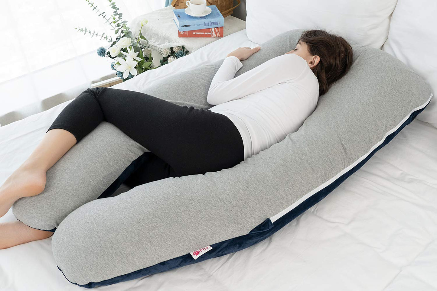Meiz Pregnancy Pillow - Full Body Cooling Pillow with Reversible Jersey & Velvet Covers | Blue & Grey