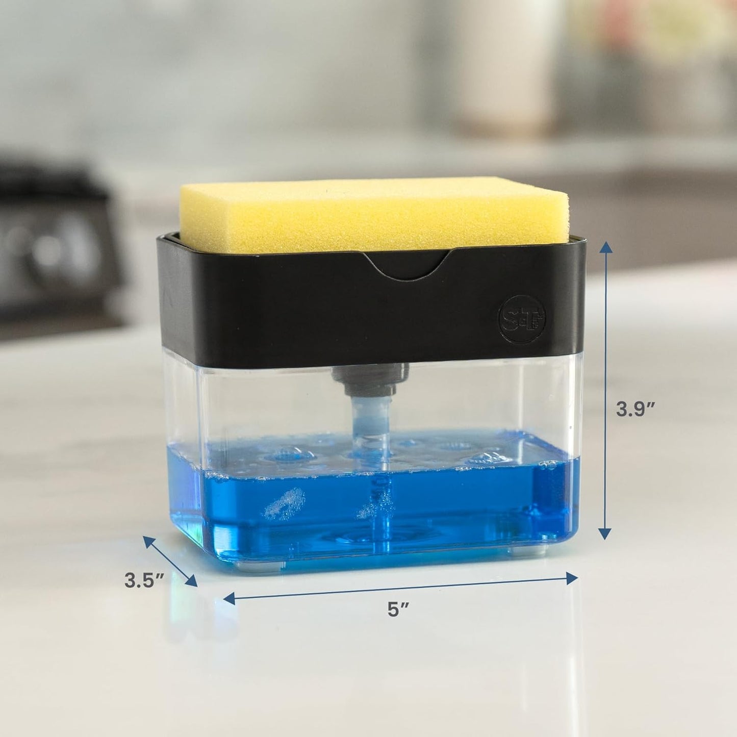 S&T INC. Dish Soap Dispenser - Kitchen Sink Sponge Holder with Enhanced Features | 13 Oz, Matte Black