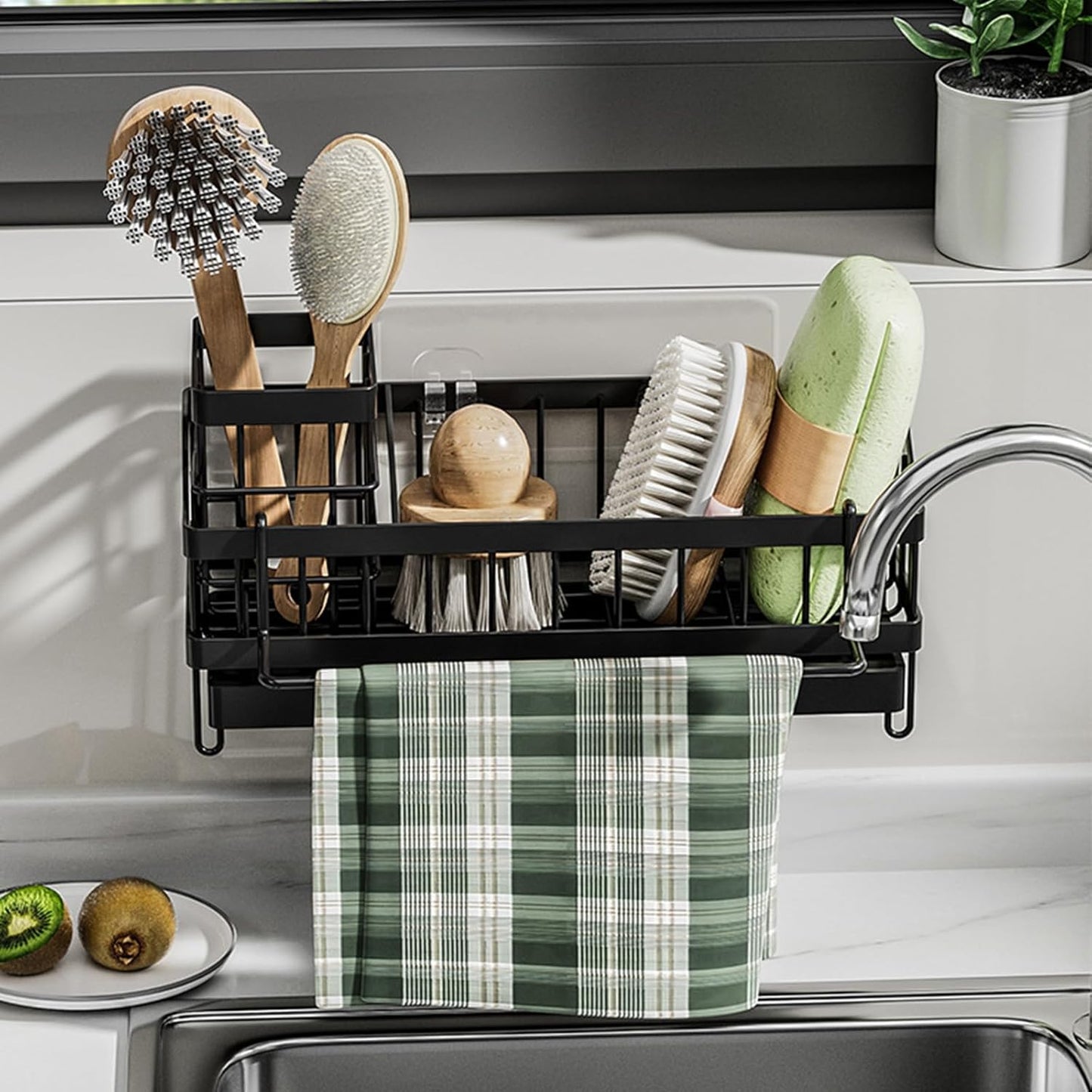 Sink Caddy Kitchen Organizer - Wall-Mounted Sponge Holder & Brush Storage | Rustproof 304 Stainless Steel