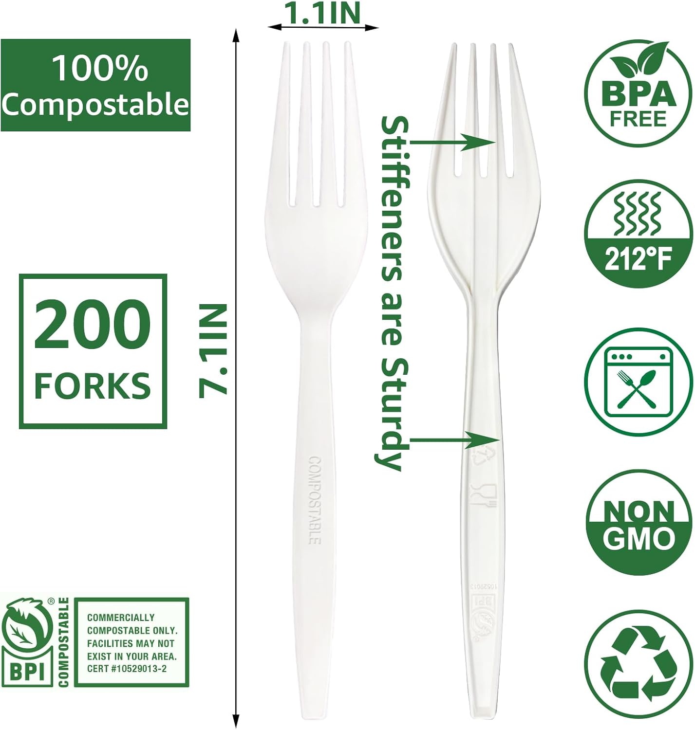 MISISIPI 100% Compostable Heavy-Duty Forks - Eco-Friendly Biodegradable Tableware Set | 200 Pcs for Parties & Events