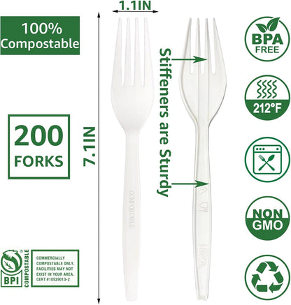 MISISIPI 100% Compostable Heavy-Duty Forks - Eco-Friendly Biodegradable Tableware Set | 200 Pcs for Parties & Events