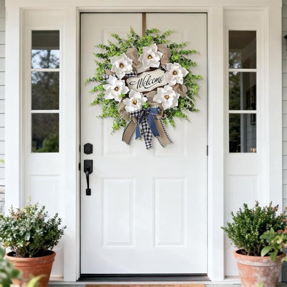 Artificial Magnolia & Eucalyptus Wreath - 24" White Flower Decor with Welcome Sign for Year-Round Home Entryway