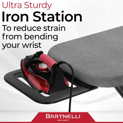 Bartnelli by Rorets Ironing Board - Height Adjustable with 4-Layer Cover & Safety Iron Rest | 43"x13" for Laundry Room or Dorm