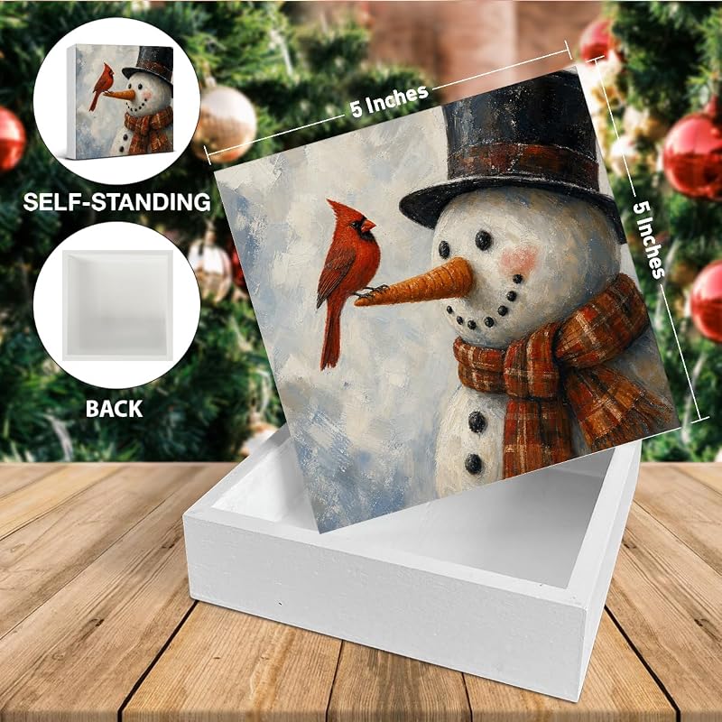 This listing: Christmas Snowman Decor Red Cardinal Wood Sign – 5 x 5 inches (Variation C)