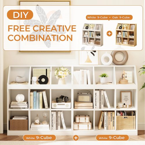 NELYE 9-Cube Wooden Storage Bookcase - 11-Inch Open Shelf Cabinet, Simple Modern Bookshelf Organizer for Home Office, Living Room, White