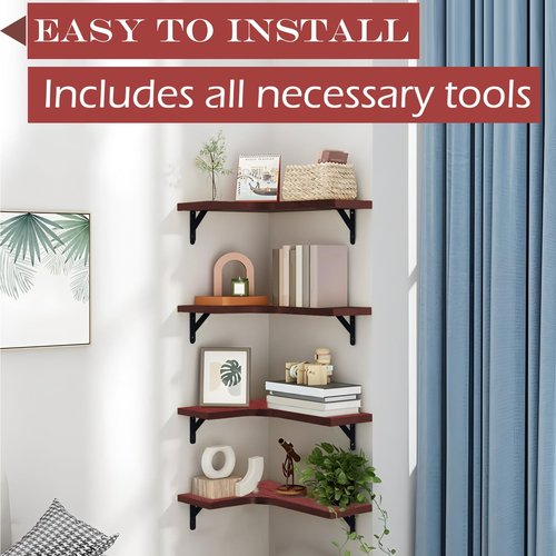 PUREZON Corner Floating Shelves Set of 4,Corner Wall Shelves,Rustic Wood Wall Mounted Shelf for Home Decor, Living Room, Bedroom, Kitchen, Bathroom,Office(Red,15.9 x 11.4 inch)