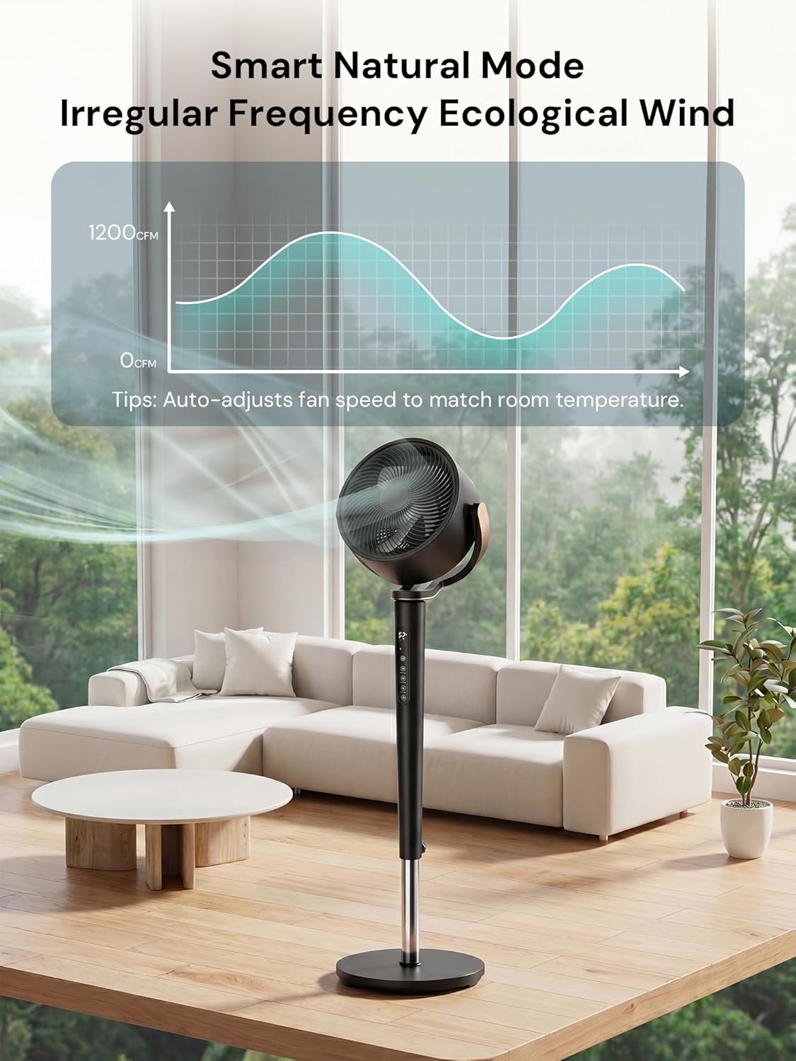 Uthfy Oscillating Fan - 120° Full-Automatic Oscillation, Quiet DC Motor, Remote Control, 16 Speeds, Black