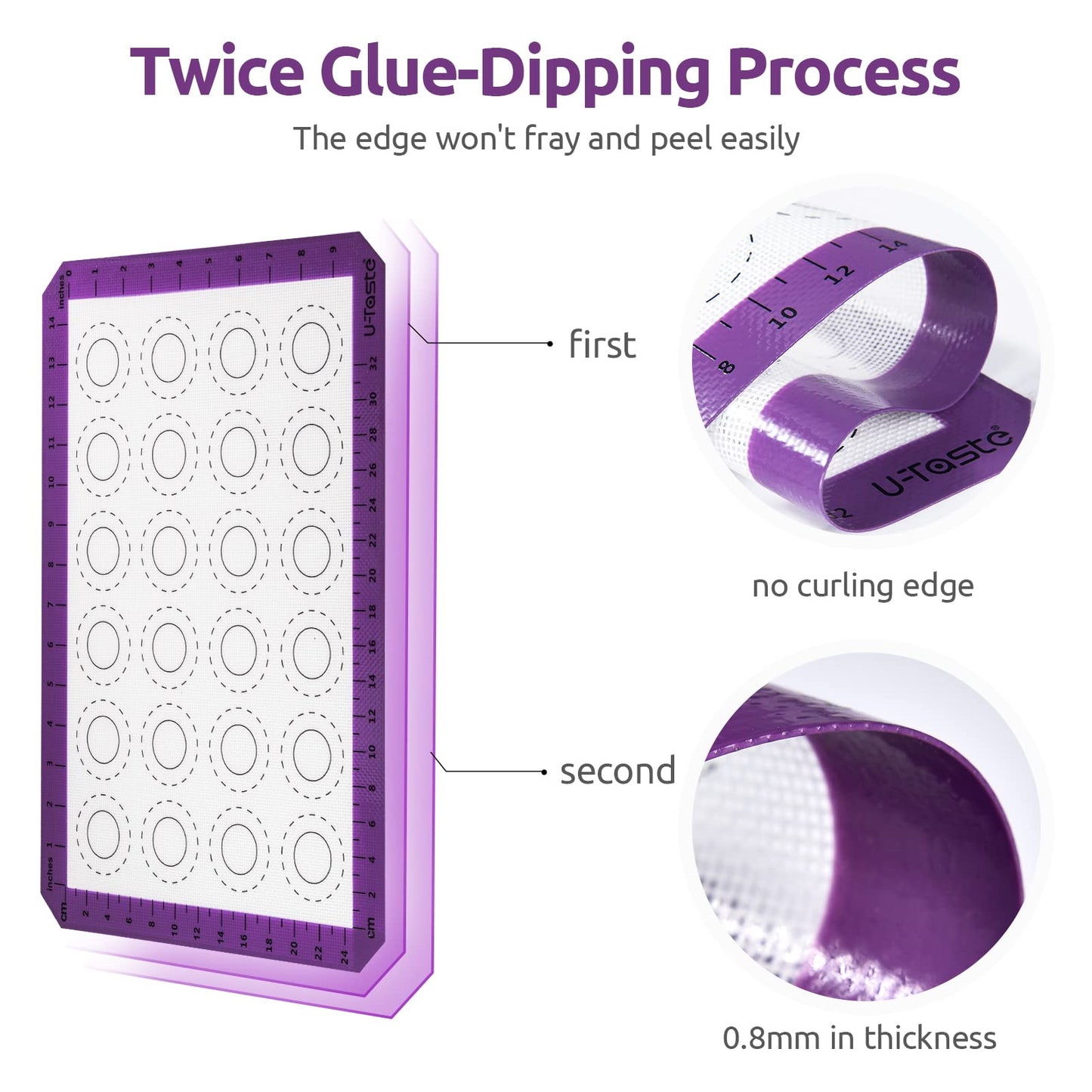 U-Taste 446ºF Heat Resistant Macaron Silicone Baking Mat, Non Stick Reusable Cookies Pastry Sheet Liner with Edge Enhancement Circle Measurement for Oven (Half Sheets Size, Pack of 2, Purple)