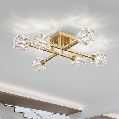 XINGQI Modern Ceiling Light 6 Lights Semi Flush Mount Ceiling Light Fixture, Gold Sputnik Chandeliers Mid Century Industry Lights for Bedroom Dining Room Farmhouse Kitchen