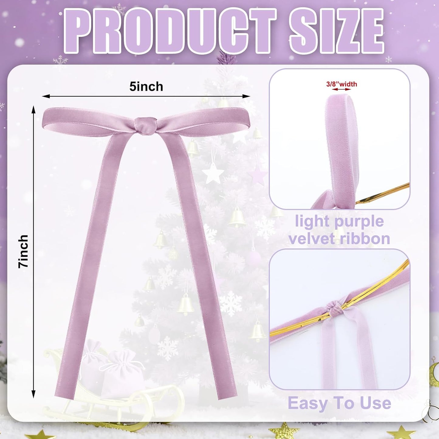 Skiennix 24 Pcs Velvet Bows - Vintage Ribbon Bows for Christmas Tree & Crafts | Light Purple, 5 x 7 Inch