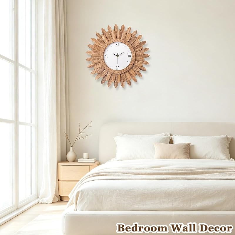 18 Inch Large Wall Clock - Silent Battery Operated Boho Sunburst Rustic Wood with Roman Numerals - Variation: Rustic Brown+18 inch