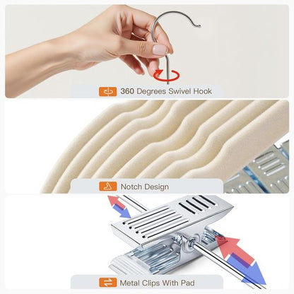 Flottian Velvet Pants Hangers - 24 Pack Adjustable Clips, Space-Saving Design, Non-Slip Beige Flocked Hangers