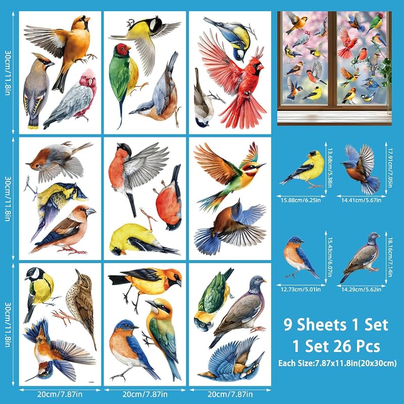 Colorful Bird Window Clings 26 Pcs on 9 Sheets – Reusable Static, No Glue
