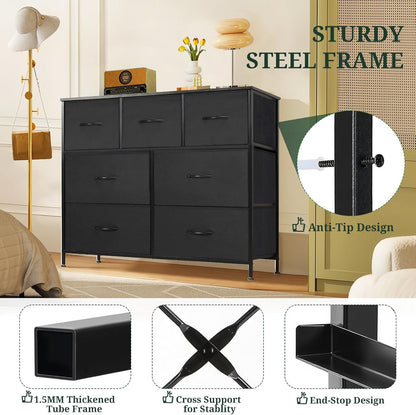Skiennix 7-Drawer Dresser - Anti-Tip Storage Organizer with Wooden Top | Black Fabric Chest for Bedroom & Living Room