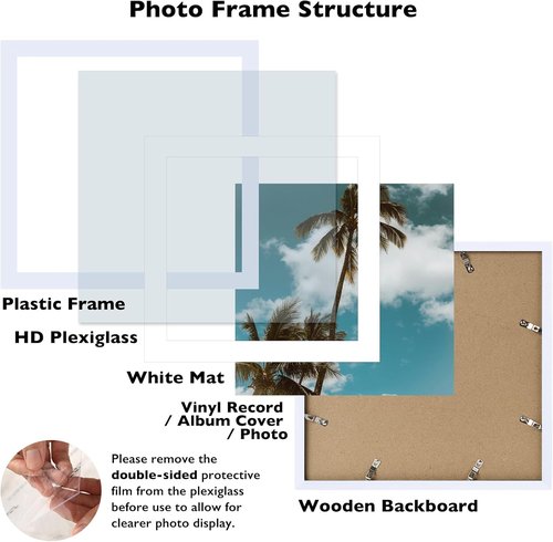 JCJMY 12.5x12.5 Picture Frame - White Vinyl Record Album Cover Display with 10x10 Mat & Plexiglass