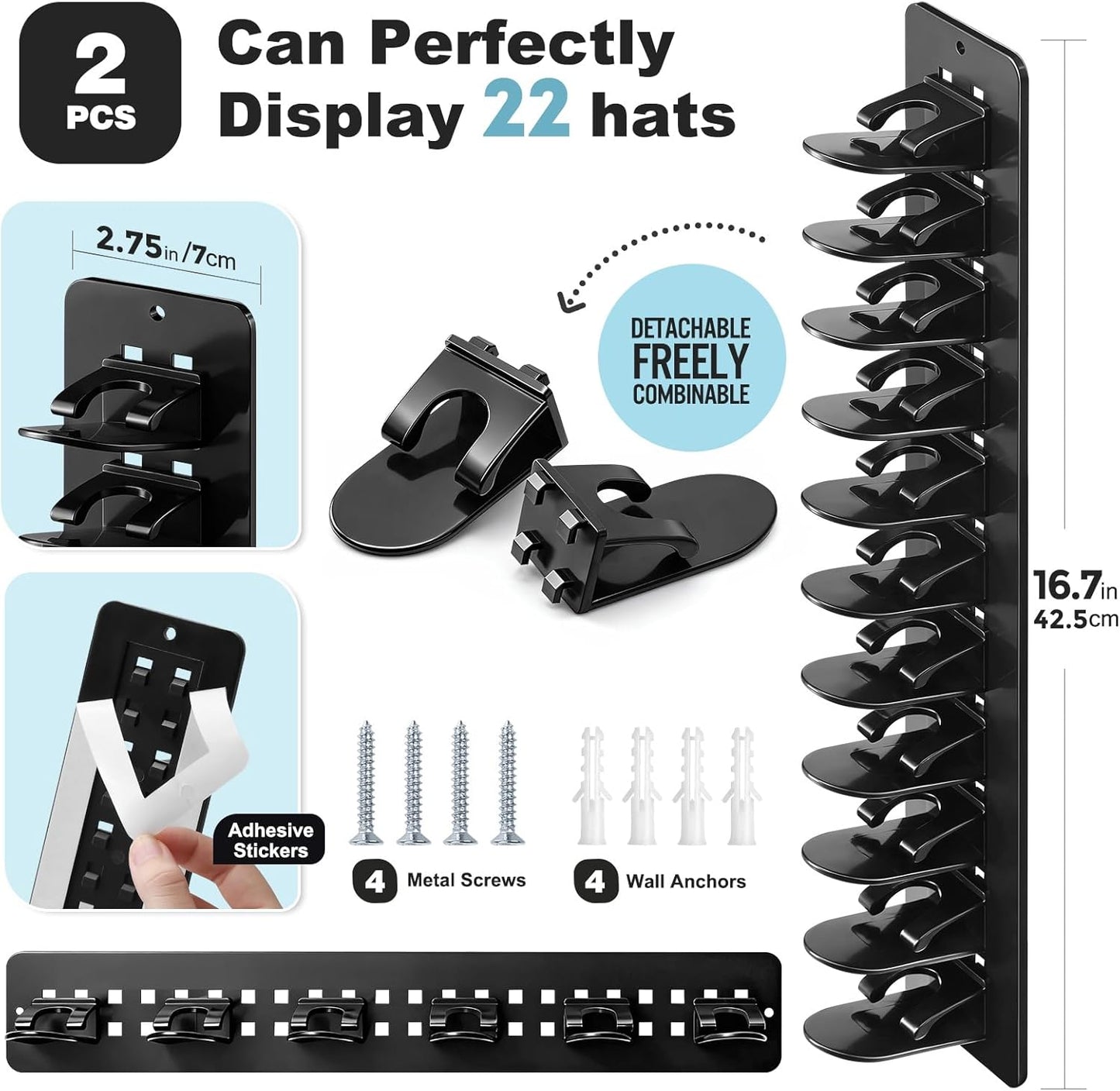 Skiennix 2-Pack Hat Organizer - Detachable DIY Wall Rack Holds Up to 22 Baseball Caps | Black