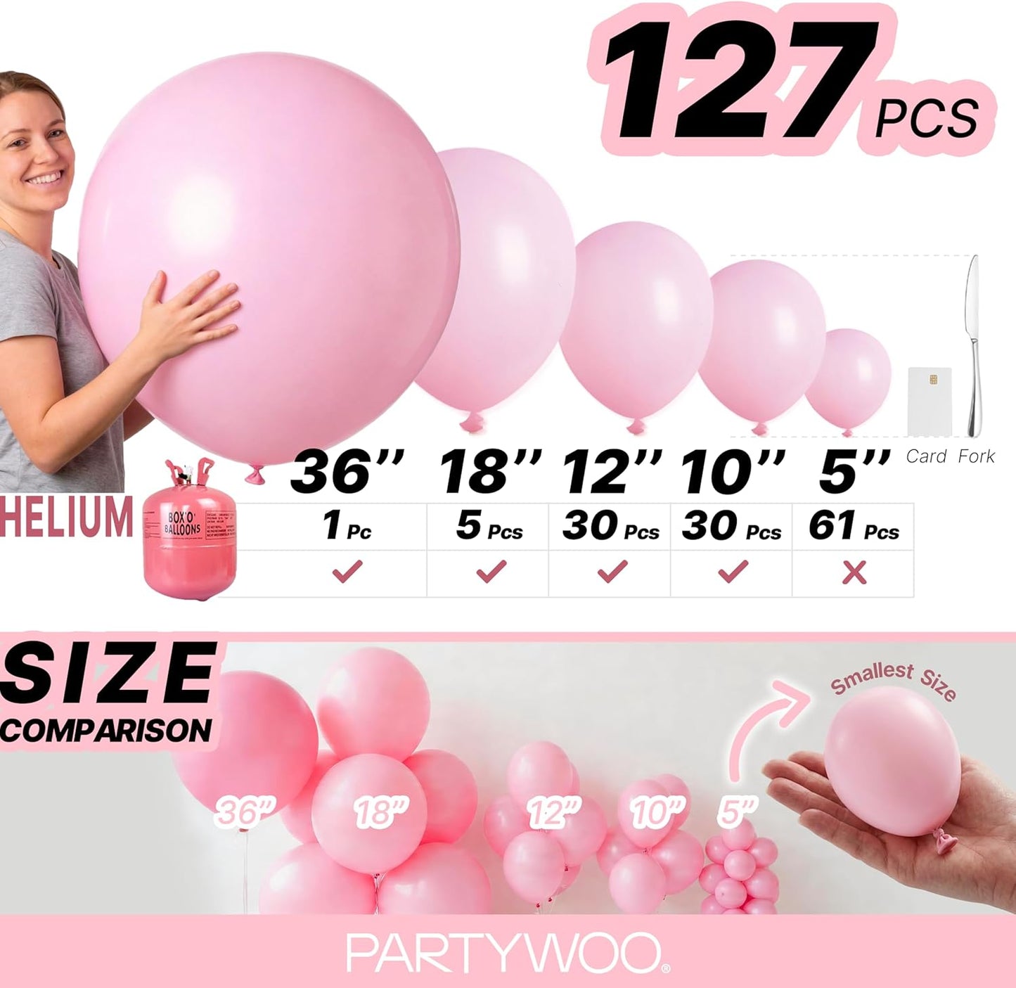 PartyWoo Baby Pink Balloons - 127-Piece Pastel Arch Kit for Gender Reveal & Birthday Decor | 5-36 Inch Sizes