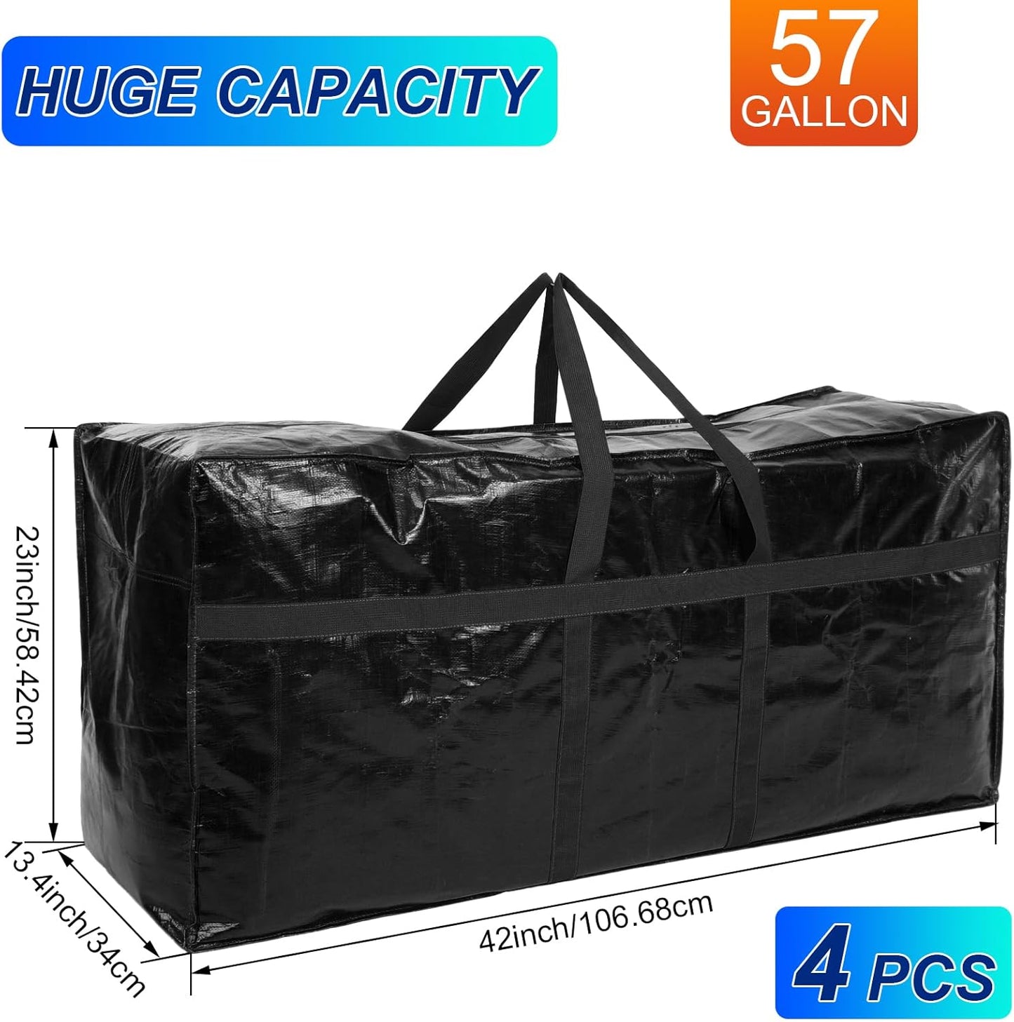 Windyun Extra Large Moving Bags - 57 Gallon Heavy Duty Storage Tote with Strong Zipper Handle | Black, 4 Pack