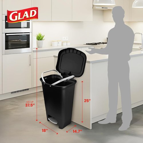 Glad 13 Gallon Trash Can - Odor-Proof Kitchen Waste Bin with Step-On Pedal & Bag Rings | Black