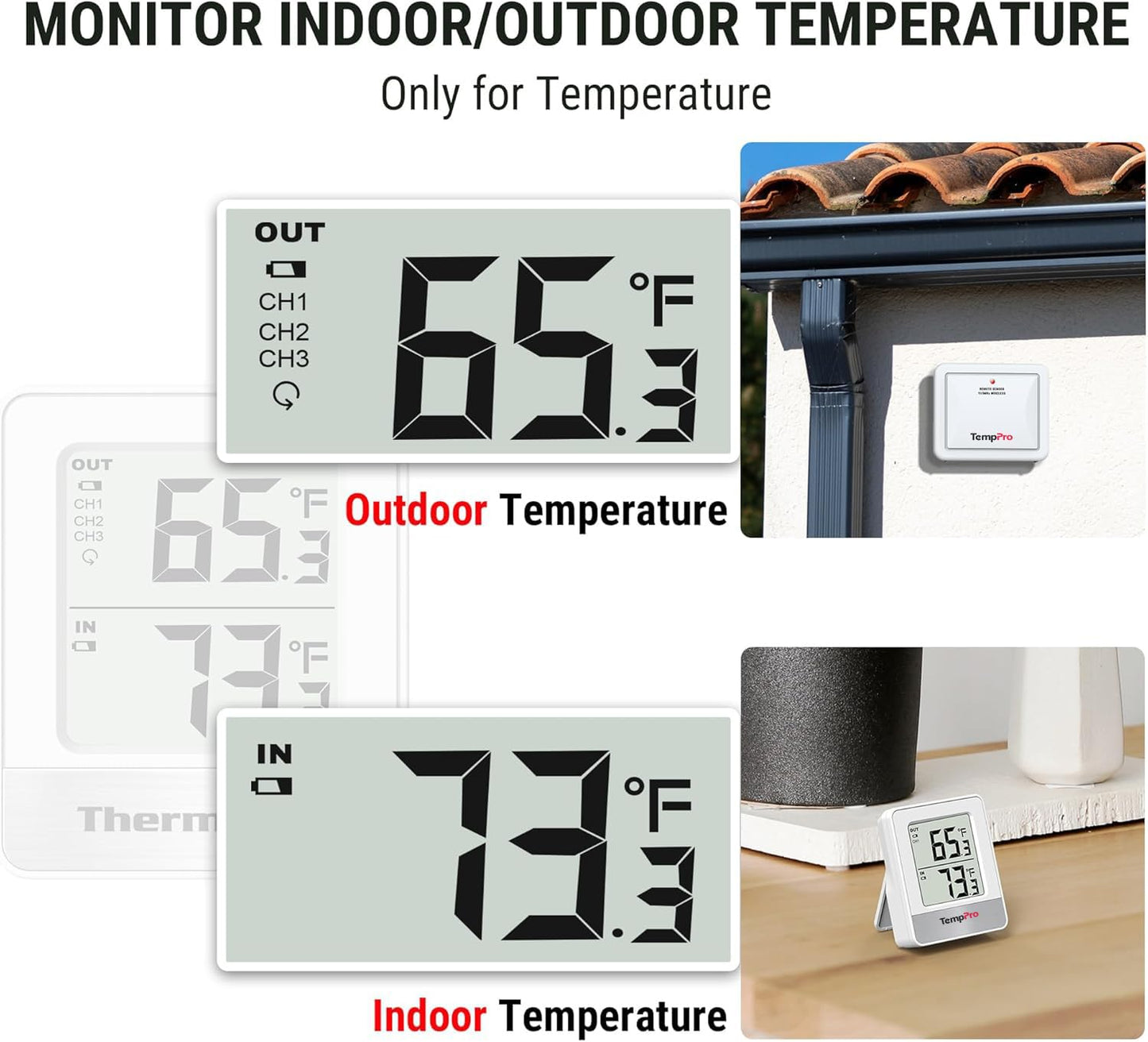TempPro 500FT Indoor Outdoor Thermometer Wireless, Outdoor Thermometers for Patio with Temperature Sensor, Room Thermometer for House Home Reptile Baby Room Temperature Monitor (Previously ThermoPro)