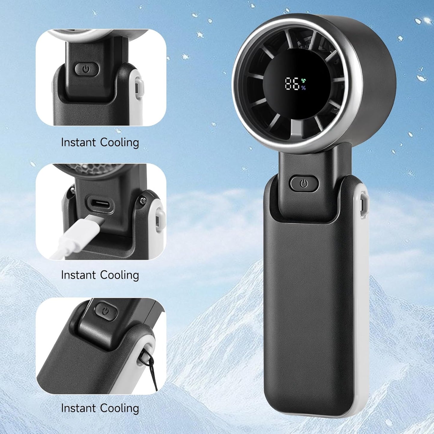 Skiennix Portable Handheld Turbo Fan - 180° Folding Design, 5 Speed USB Rechargeable | Ideal for Travel & Summer (Black)
