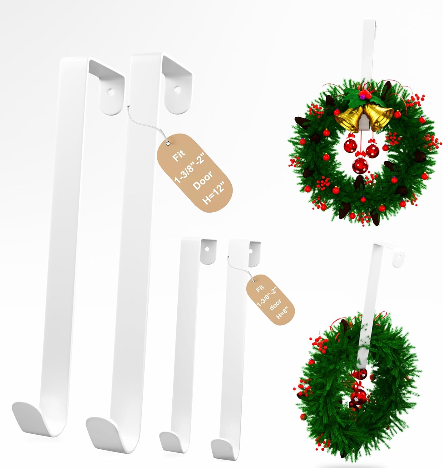 Skiennix 4 Pack Wreath Hangers - Heavy Duty Over Door Hooks for Towel, Coat, Hat Storage | 8" & 12" Sizes
