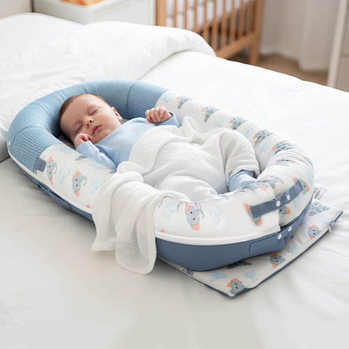 JollyBoo® Deluxe Infant Lounger Pillow - Portable Bamboo-Cotton Baby Nest with Sunshade & Plush Toys | Soft, Breathable Design for 0-24 Months (Blue Elephant)