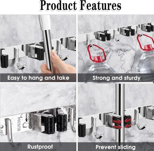 AceMining Wall Mounted Broom and Mop Holder - 3 Pack Heavy Duty Stainless Steel Organizer with 4 Hooks