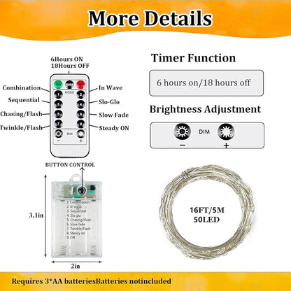 Skiennix 4-Pack Fairy Lights - Battery Operated with Remote, Timer & 8 Modes | 16 FT Waterproof 50 LED String Lights for Indoor & Outdoor Christmas Décor (Warm White)