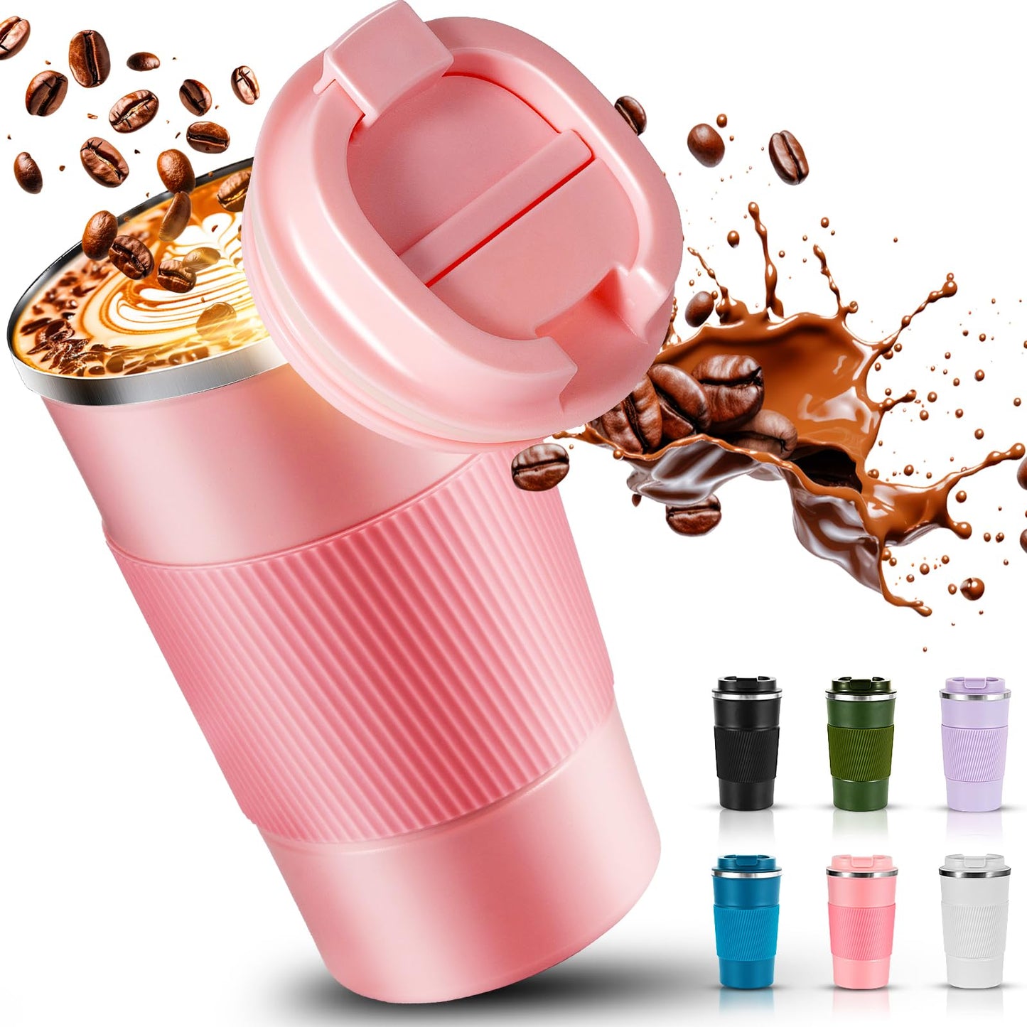 Travel Coffee Mug 16 oz, Insulated Coffee Cups with Lid, Thermos Stainless Steel Coffee Mugs Spill Proof, Double Wall Vacuum Tumbler, Reusable To Go Mug for Hot/Ice Coffee (pink)