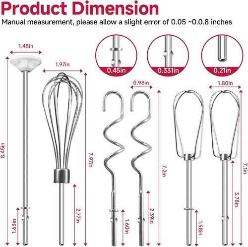 Kitchenaid Hand Mixer Attachments - Stainless Steel Beater Set with Whisk, Mixing Rod & Dough Hook | 6-Piece Set