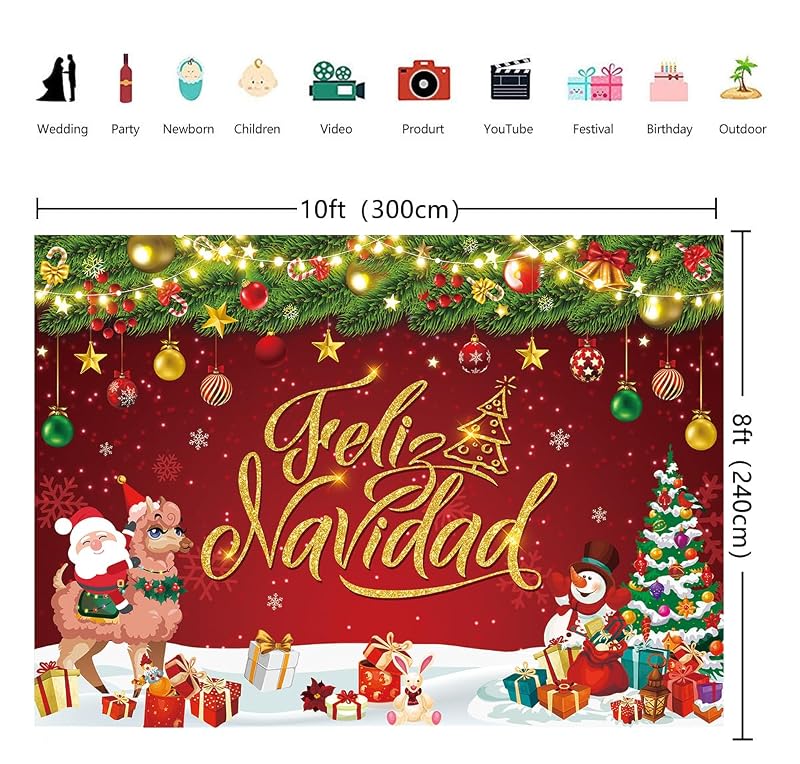 10x8FT Feliz Navidad Christmas Backdrop Banner - CINRAY Vinyl Photo Backdrop