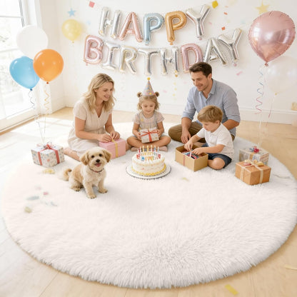 OLANLY Round Ivory Area Rug - Soft, Fluffy, Machine Washable 8 ft Circle Carpet for Bedroom & Living Room