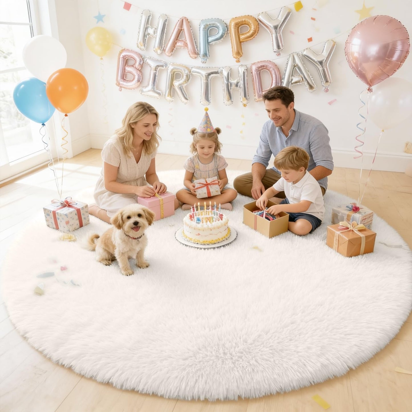 OLANLY Ivory Round Rugs for Bedroom - Machine Washable, 7 ft Circle Area Rugs for Living Room, Soft and Fluffy Shaggy Carpet for Teen Girls and Boys, Nursery Rooms, Dorms, Home Decor Aesthetic