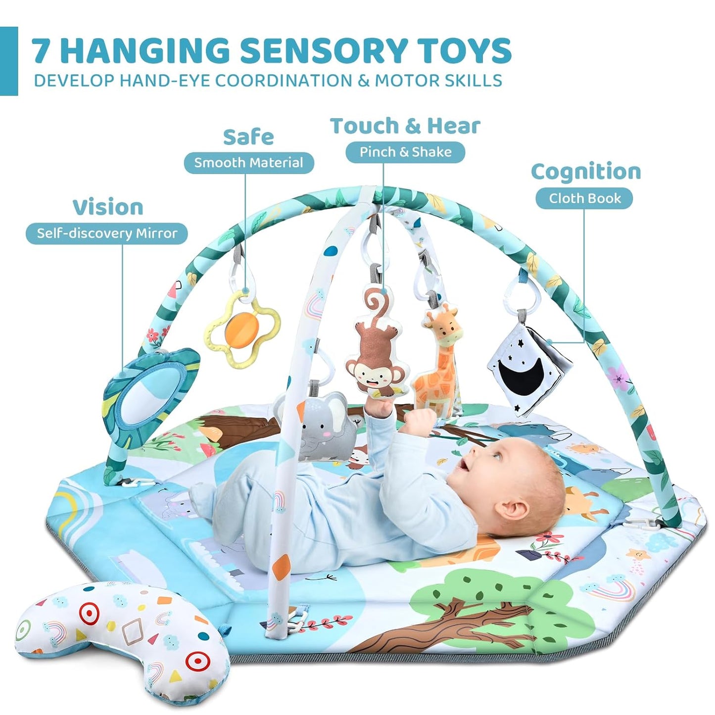 Skiennix Baby Gym Play Mat - 8-in-1 Tummy Time & Ball Pit with 6 Washable Toys | Sensory Development for Infants 0-12 Months