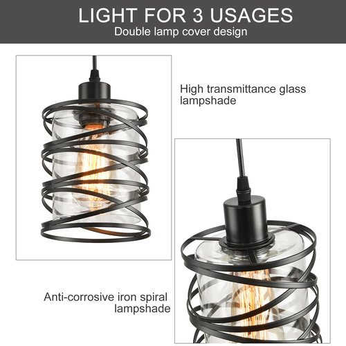 IHENGYANLT 2 Pack Black Spiral Cage Pendant Lights with Clear Glass Shade, Suitable for Kitchen Island, Dining Table, Entryway, Restaurant