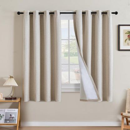 H.VERSAILTEX Linen Curtains 100% Blackout Curtains for Bedroom 45 inch Long Full Light Blocking Nature Linen Blended Window Curtains for Living Room Nickel Grommet (2 Panels, Heathered Natural)