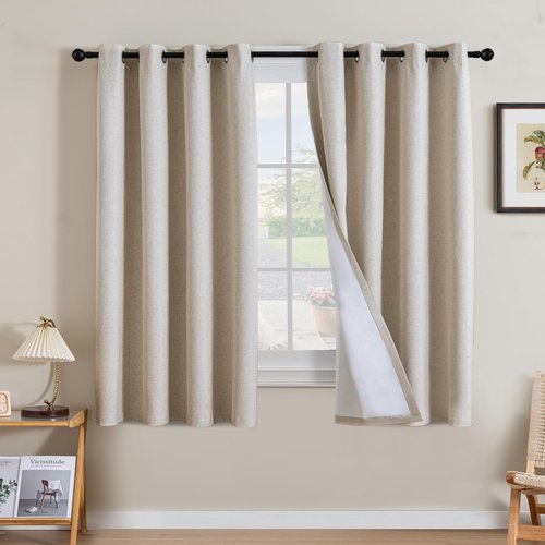 H.VERSAILTEX Linen Curtains 100% Blackout Curtains for Bedroom 45 inch Long Full Light Blocking Nature Linen Blended Window Curtains for Living Room Nickel Grommet (2 Panels, Heathered Natural)