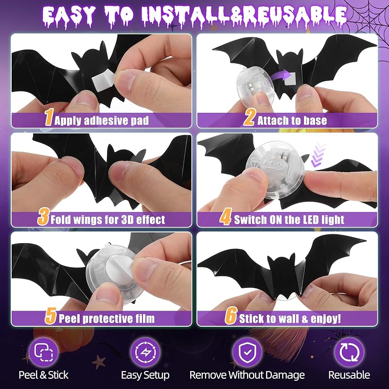 LED Halloween Wall Decor Set – 42pcs 3D Bats & Spiders with Green & Purple Lights