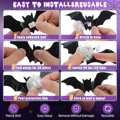 LED Halloween Wall Decor Set – 42pcs 3D Bats & Spiders with Green & Purple Lights