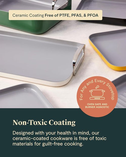 Caraway Square Cookware Set - Non-Stick Ceramic Pans for Griddling & Searing - PTFE & PFOA Free - Cream