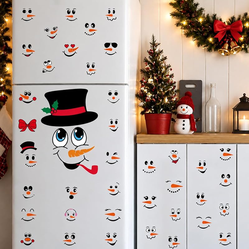 Christmas Snowman Face Sticker Set - 41 Pcs Vinyl Decor for Cups, Windows & Gifts