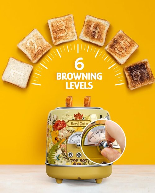 Hazel Quinn Retro 2-Slice Toaster - 6 Browning Levels, Defrost/Reheat/Cancel Functions, Easy Clean Crumb Tray, 1.5" Wide Slots