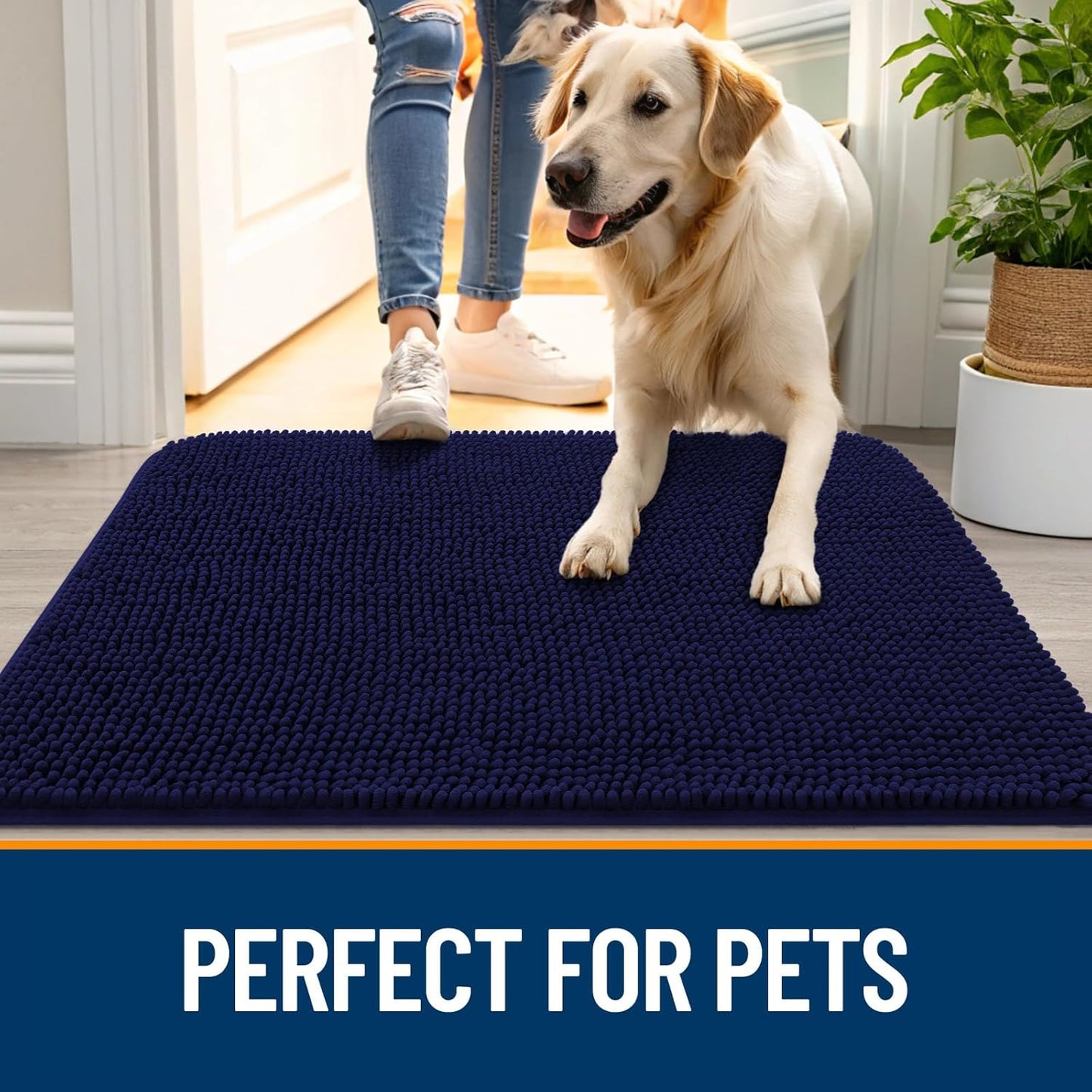 OLANLY Dog Door Mat - Absorbent Non-Slip Mud Mat for Indoor Use | 70x35, Navy Blue, Quick Dry Chenille