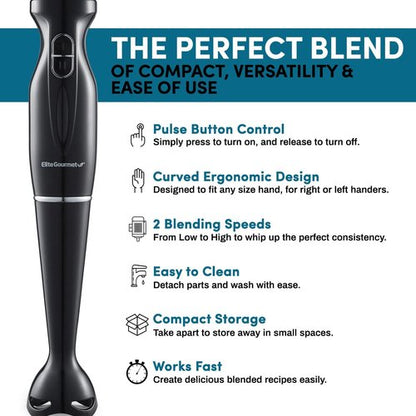 Elite Gourmet Immersion Hand Blender - 300 Watts, 2 Speed with Detachable Blades & Wand - Charcoal Black