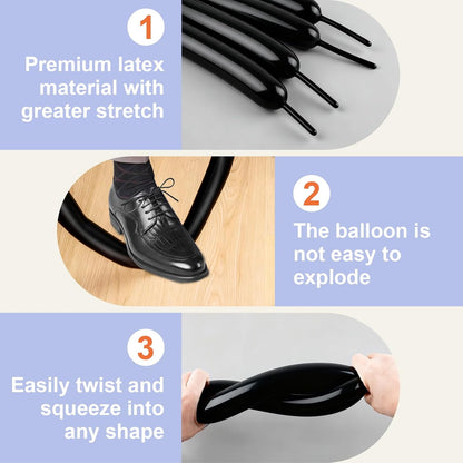 Skiennix 100 PCS Black Balloons - Premium Long Skinny Latex for Twisting & Party Decorations